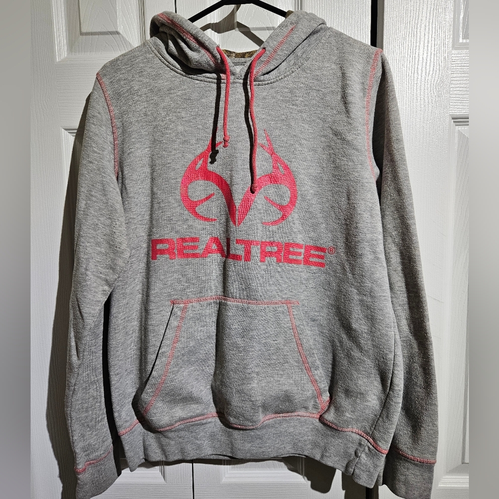 REALTREE Pullover Hoodie | Grey w/ Pink Logo Camo Hood | Womens Size Large